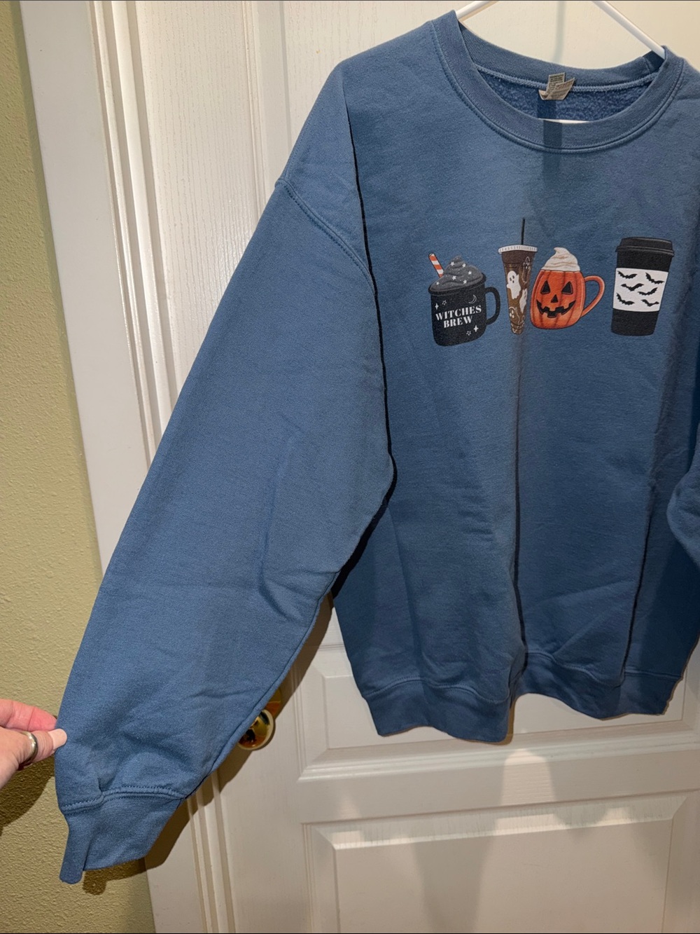 Gildan Blue Crewneck Sweatshirt with Halloween Drink Graphics - Picture 4 of 10